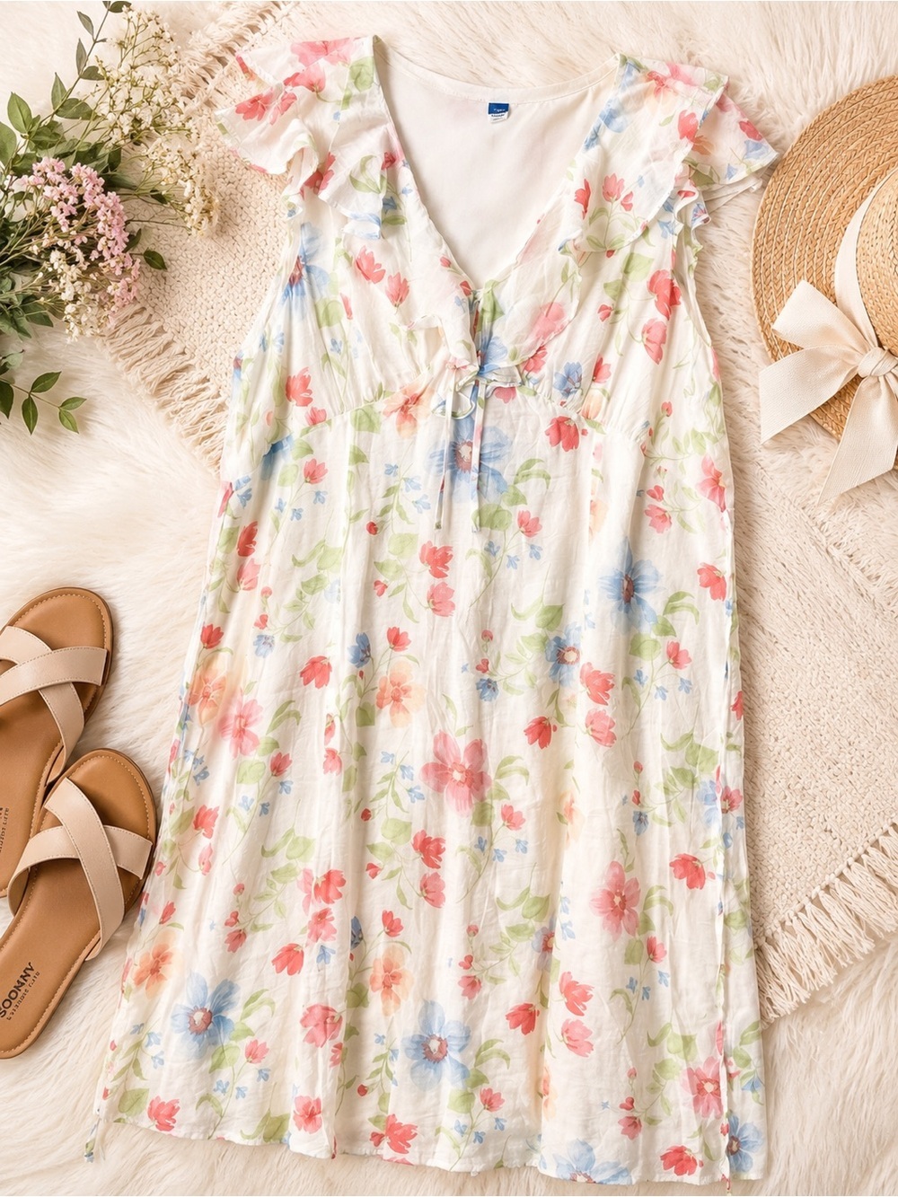 Old Navy White Floral Midi Dress with Pink and Blue Flowers